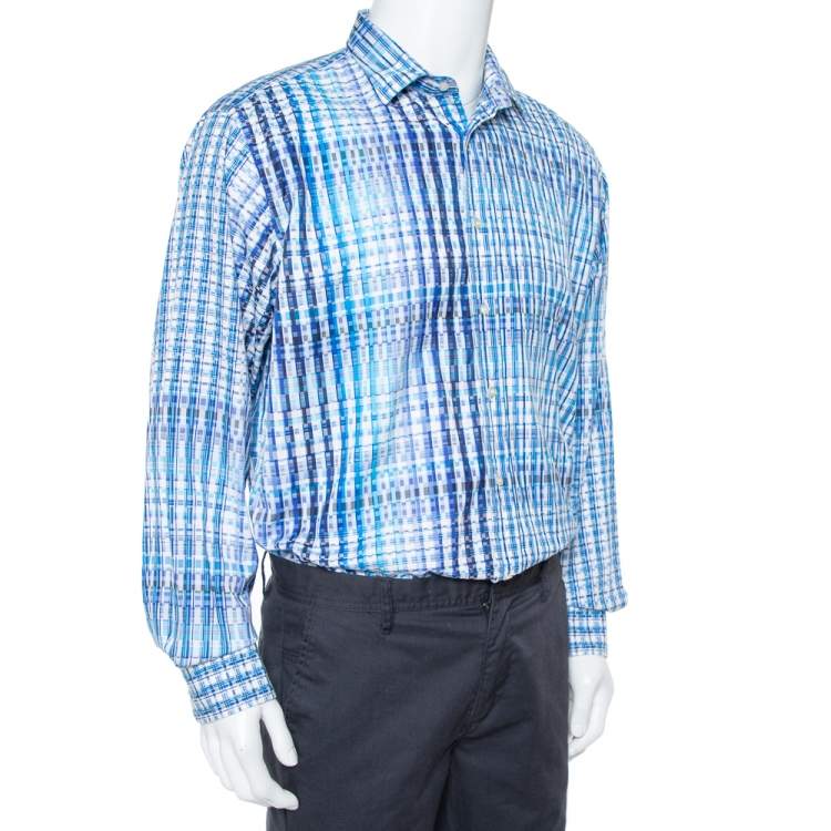 Pre Owned Etro Blue Basket Weave Pattern Cotton Button Front Shirt 4XL