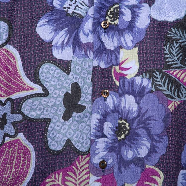 Pre Owned Etro Blue Floral Printed Linen Button Front Shirt XXL 