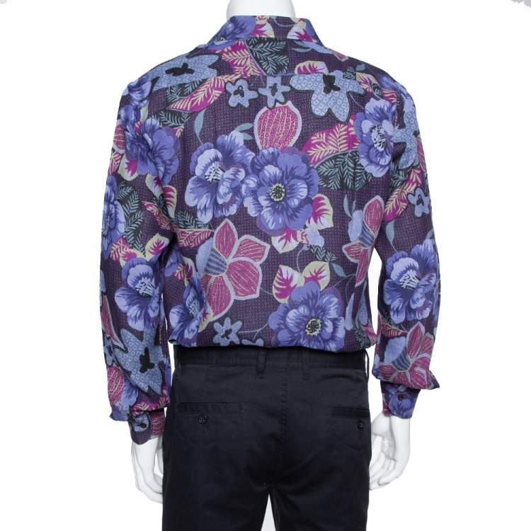 Pre Owned Etro Blue Floral Printed Linen Button Front Shirt XXL 