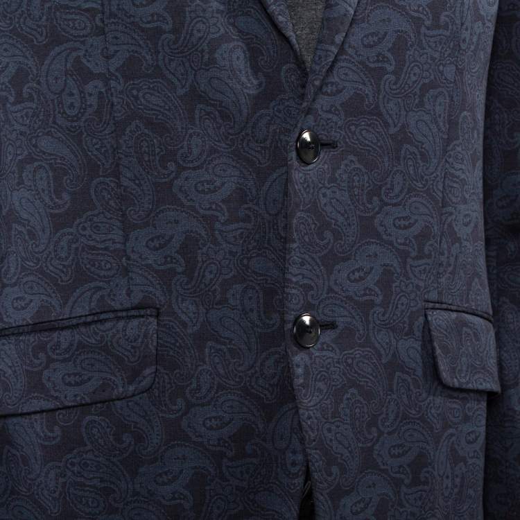 Pre Owned Etro Navy Blue Paisley Jacquard Knit Button Front Blazer L