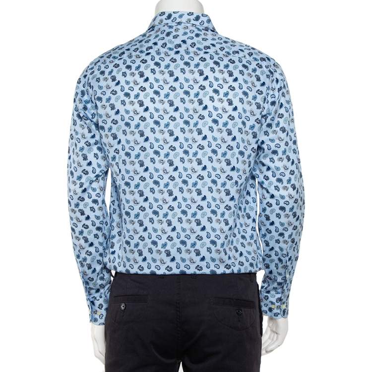 Pre Owned Etro Blue Paisley Printed Cotton Button Front Shirt L