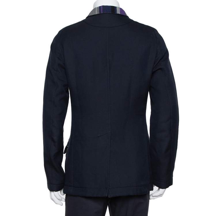 Pre Owned Etro Navy Blue Cotton & Striped Wool Lined Zip Front Jacket M