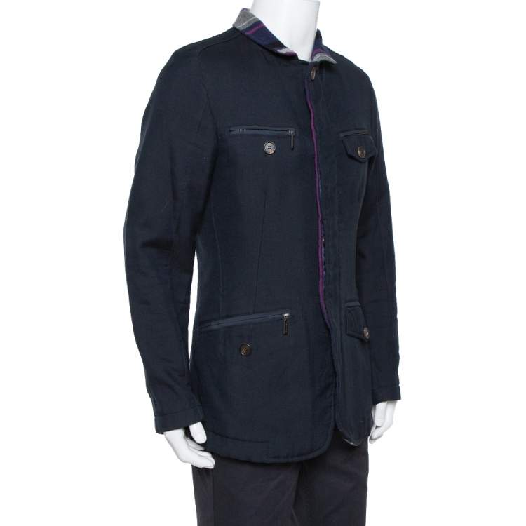 Pre Owned Etro Navy Blue Cotton & Striped Wool Lined Zip Front Jacket M