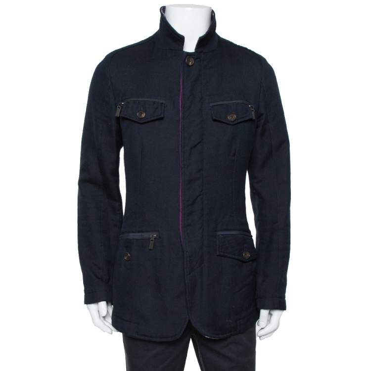 Pre Owned Etro Navy Blue Cotton & Striped Wool Lined Zip Front Jacket M
