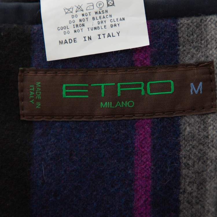Pre Owned Etro Navy Blue Cotton & Striped Wool Lined Zip Front Jacket M