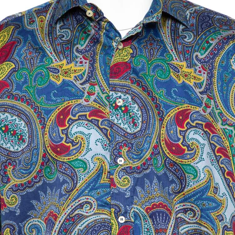 Pre Owned Etro Blue Paisley Printed Cotton Button Front Shirt XXL