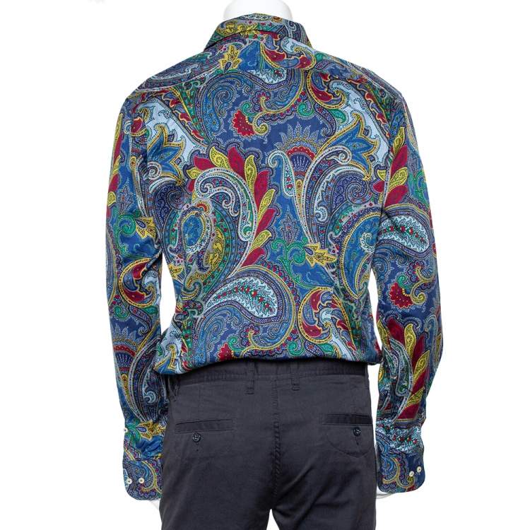 Pre Owned Etro Blue Paisley Printed Cotton Button Front Shirt XXL