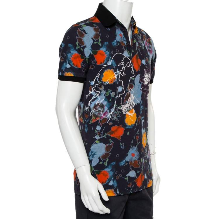 Pre Owned Etro Navy Blue Abstract Print Cotton Pique Polo T-Shirt M