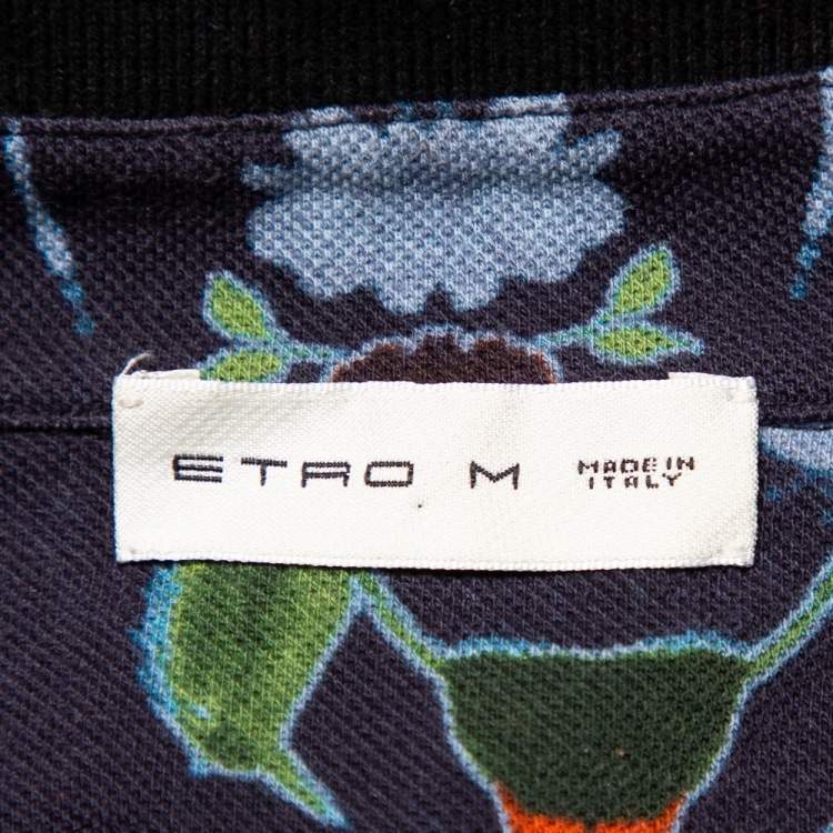 Pre Owned Etro Navy Blue Abstract Print Cotton Pique Polo T-Shirt M
