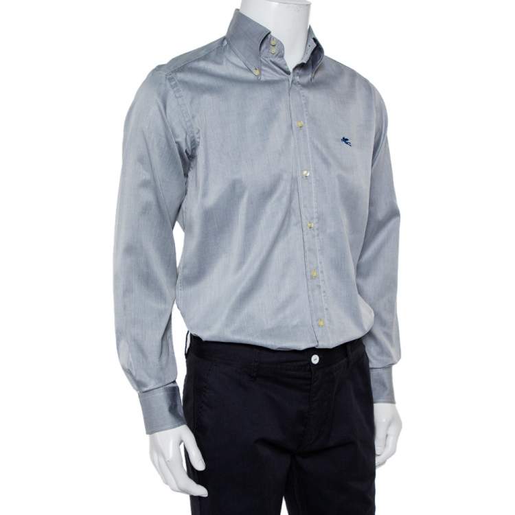 Pre Owned Etro Grey Cotton Logo Embroidered Button Front Shirt M