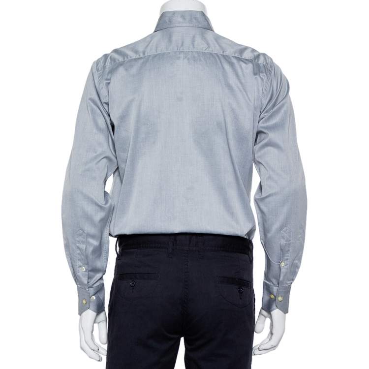 Pre Owned Etro Grey Cotton Logo Embroidered Button Front Shirt M