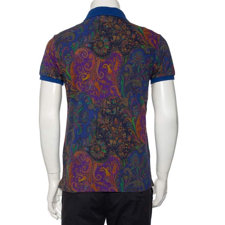 Pre Owned Etro Blue Paisley Printed Cotton Pique Polo T-Shirt M