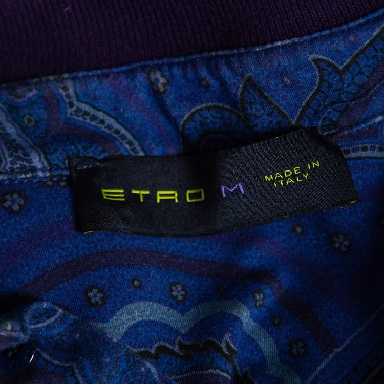 Pre Owned Etro Blue Paisley Printed Cotton Knit Polo T-Shirt M