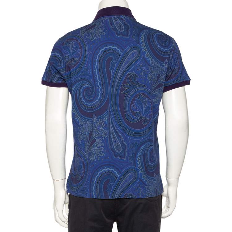 Pre Owned Etro Blue Paisley Printed Cotton Knit Polo T-Shirt M