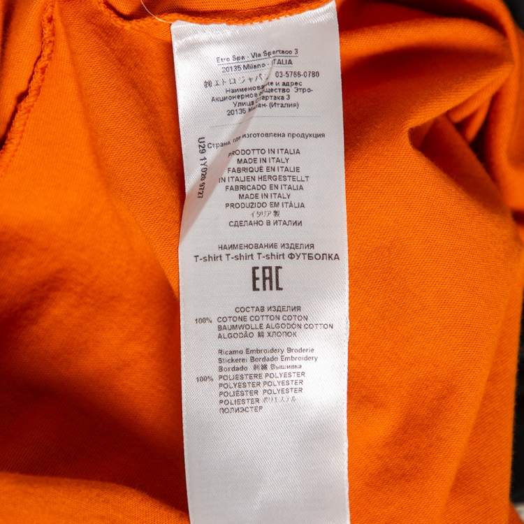 Pre Owned Etro Orange Logo Embroidered Cotton Crewneck T-Shirt L