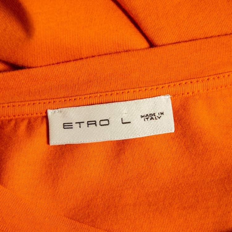 Pre Owned Etro Orange Logo Embroidered Cotton Crewneck T-Shirt L