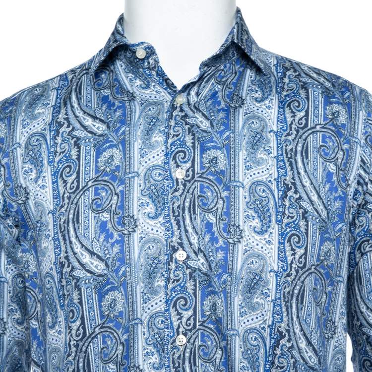 Pre Owned Etro Blue Paisley Printed Cotton Button Front Shirt M