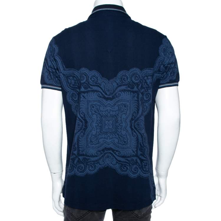 Pre Owned Etro Navy Blue Cotton Baroque Print Polo T-Shirt XL