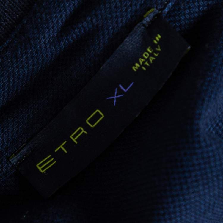 Pre Owned Etro Navy Blue Cotton Baroque Print Polo T-Shirt XL