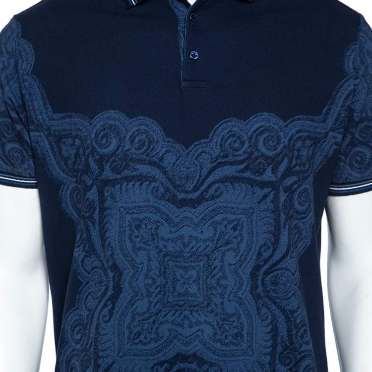 Pre Owned Etro Navy Blue Cotton Baroque Print Polo T-Shirt XL