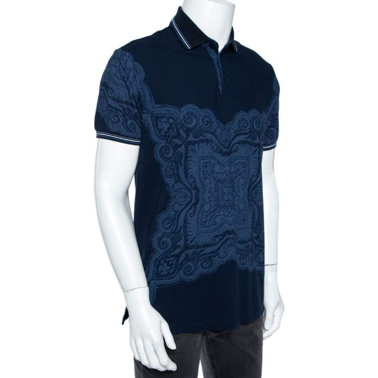 Pre Owned Etro Navy Blue Cotton Baroque Print Polo T-Shirt XL