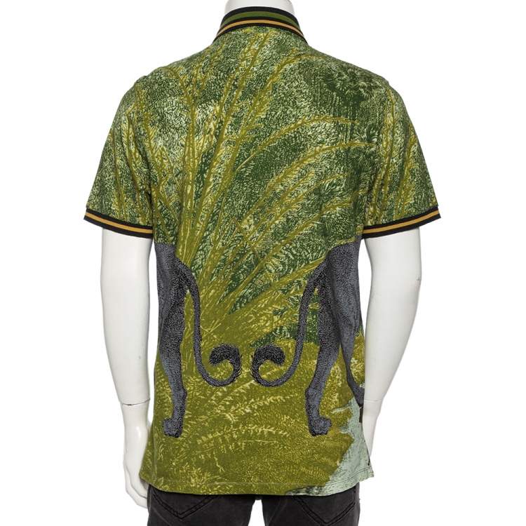 Pre Owned  Etro Grey & Green Cotton Pique Lion Print Polo T Shirt L