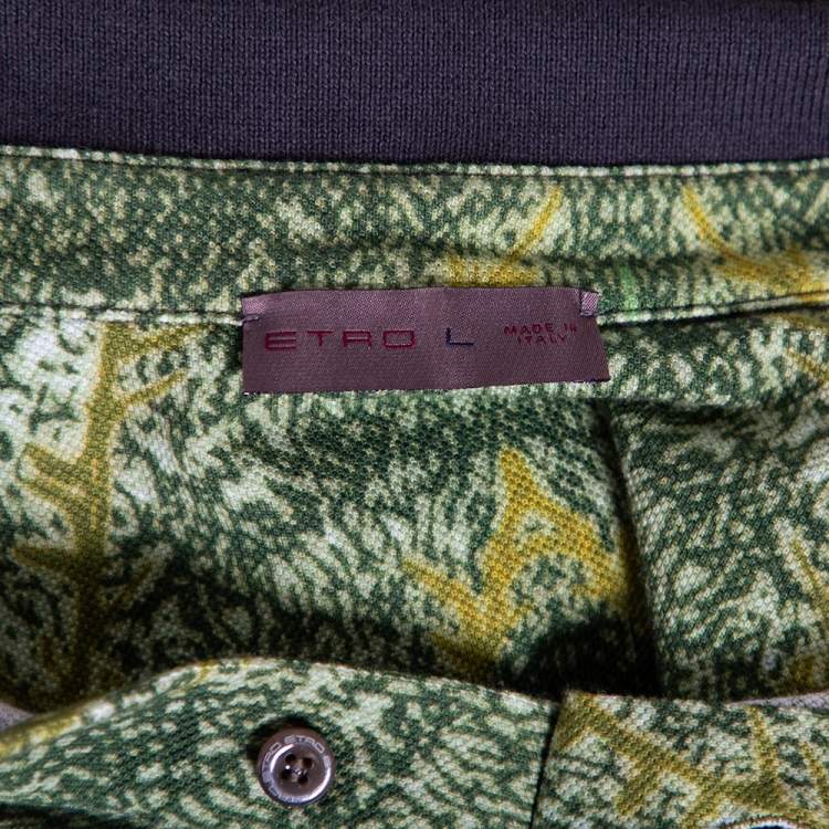 Pre Owned  Etro Grey & Green Cotton Pique Lion Print Polo T Shirt L