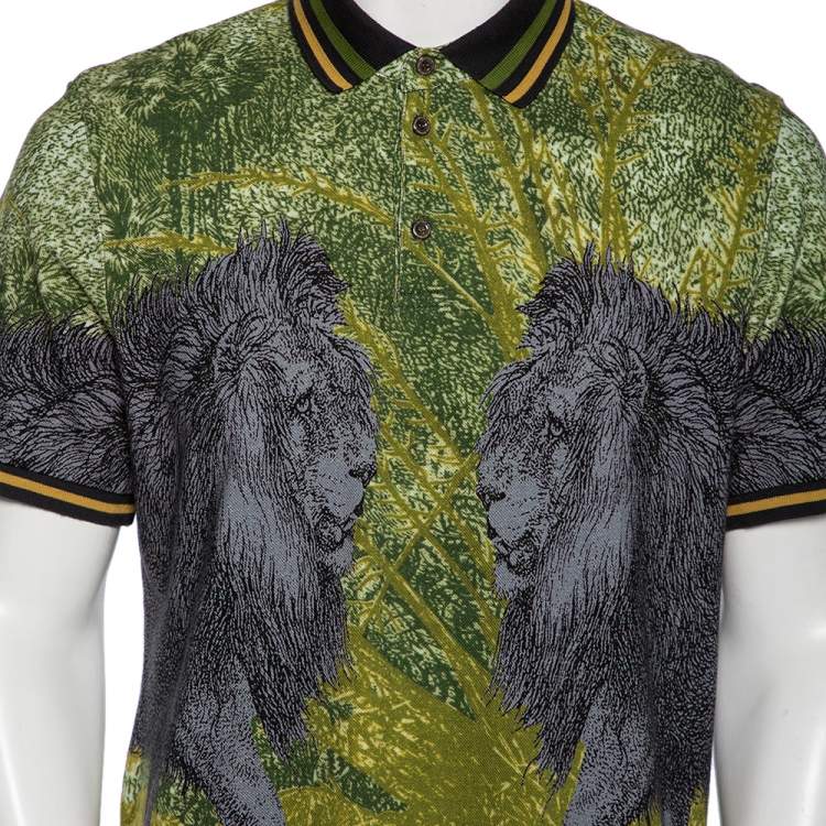 Pre Owned  Etro Grey & Green Cotton Pique Lion Print Polo T Shirt L