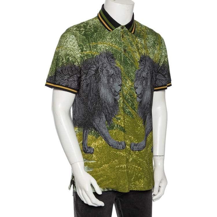 Pre Owned  Etro Grey & Green Cotton Pique Lion Print Polo T Shirt L