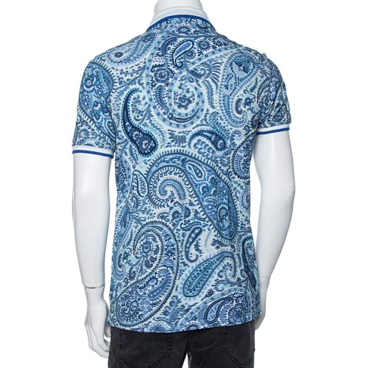 Pre Owned Etro Blue Paisley Printed Cotton Pique Polo T-Shirt L 