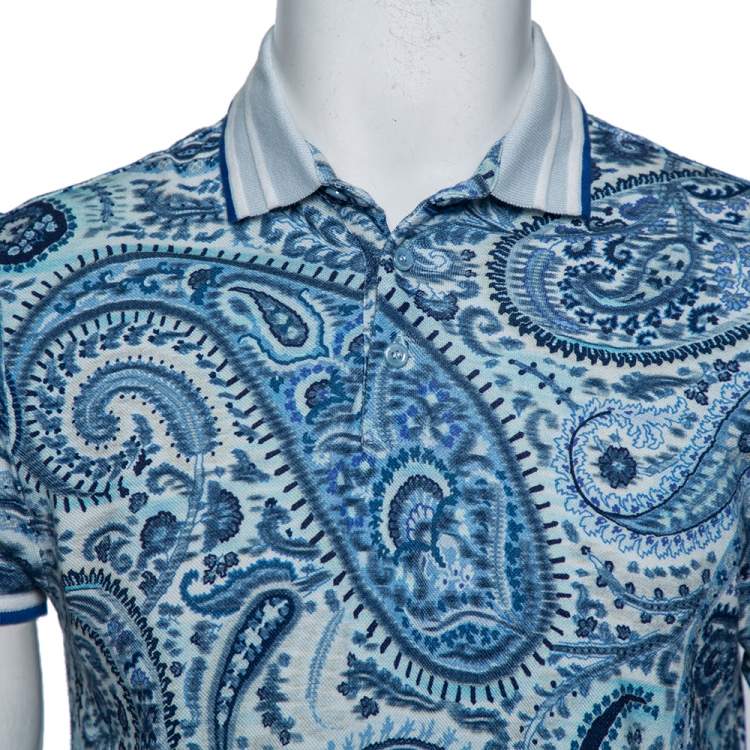 Pre Owned Etro Blue Paisley Printed Cotton Pique Polo T-Shirt L 