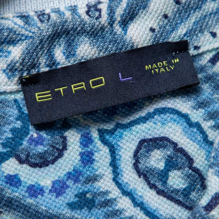 Pre Owned Etro Blue Paisley Printed Cotton Pique Polo T-Shirt L 