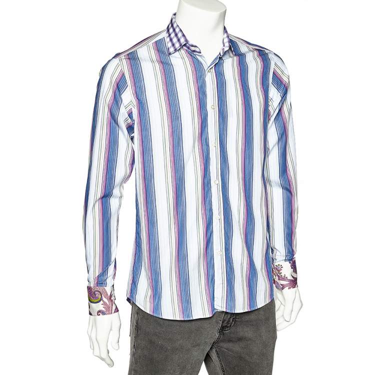 Pre Owned Etro Multicolor Striped Cotton Contrast Detail Shirt M