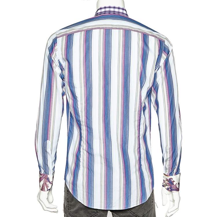 Pre Owned Etro Multicolor Striped Cotton Contrast Detail Shirt M