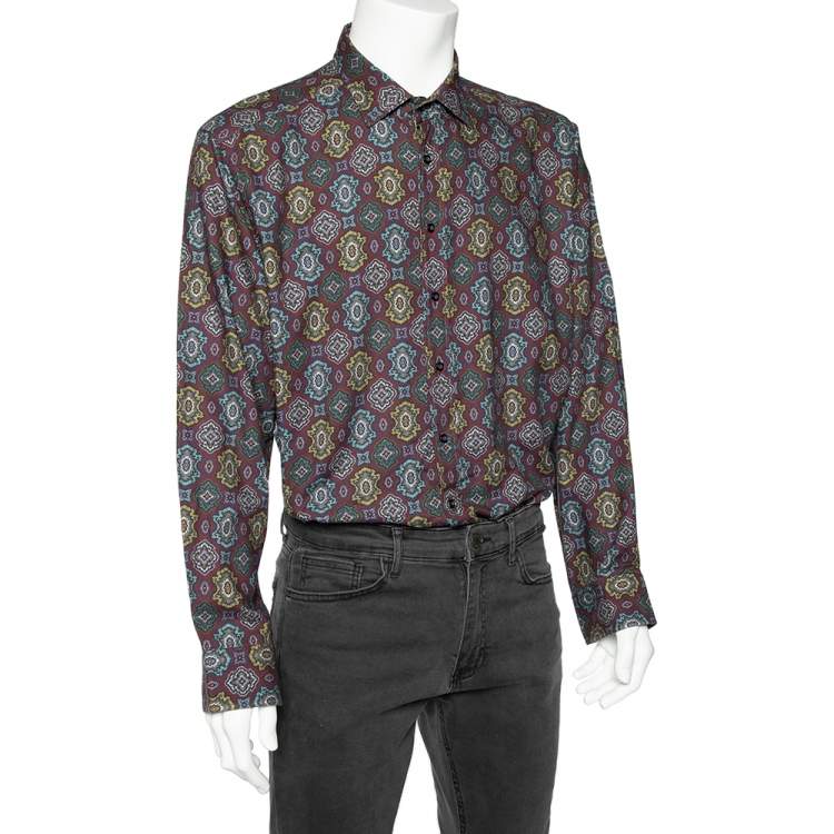 Pre Owned Etro Maroon Printed Cotton Blend Button Front Shirt 3XL