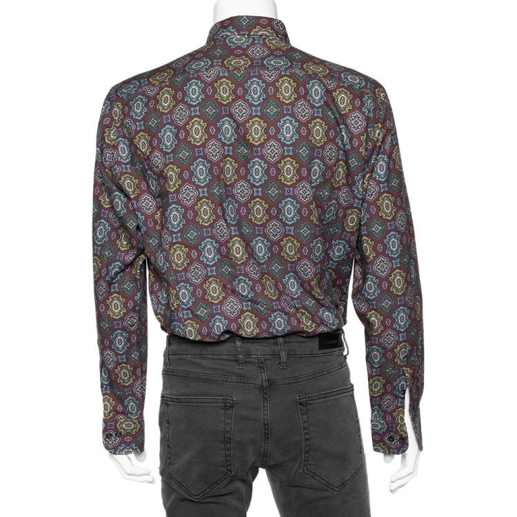 Pre Owned Etro Maroon Printed Cotton Blend Button Front Shirt 3XL