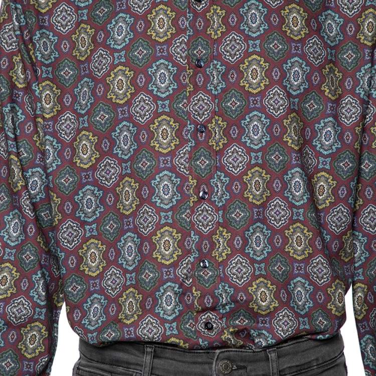 Pre Owned Etro Maroon Printed Cotton Blend Button Front Shirt 3XL