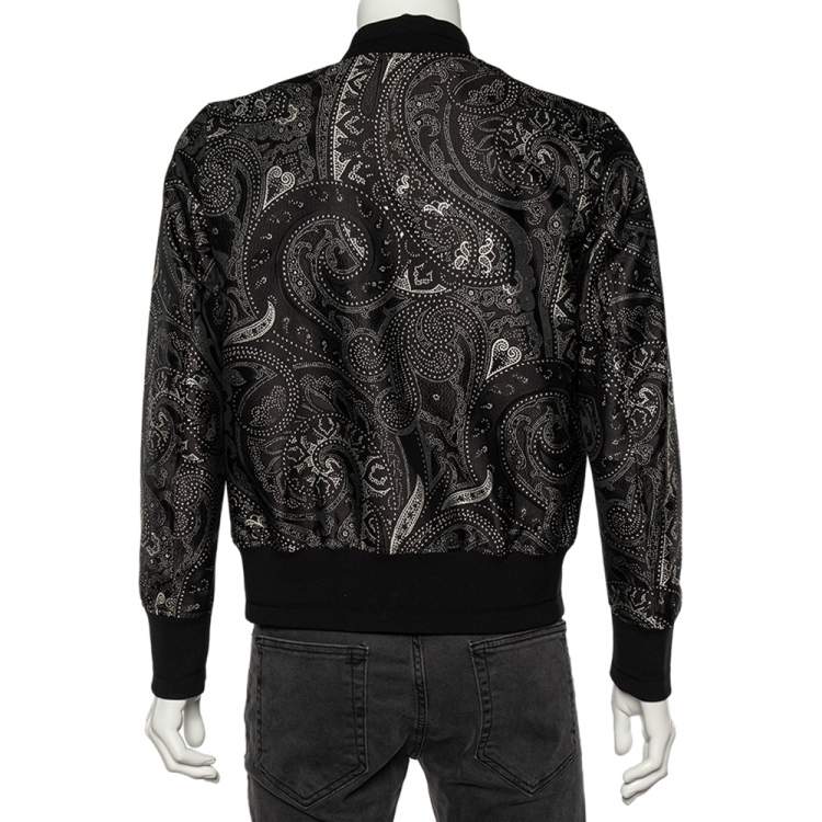 Pre Owned Etro Black Paisley Printed Silk Rib Knit Trimmed Bomber Jacket S