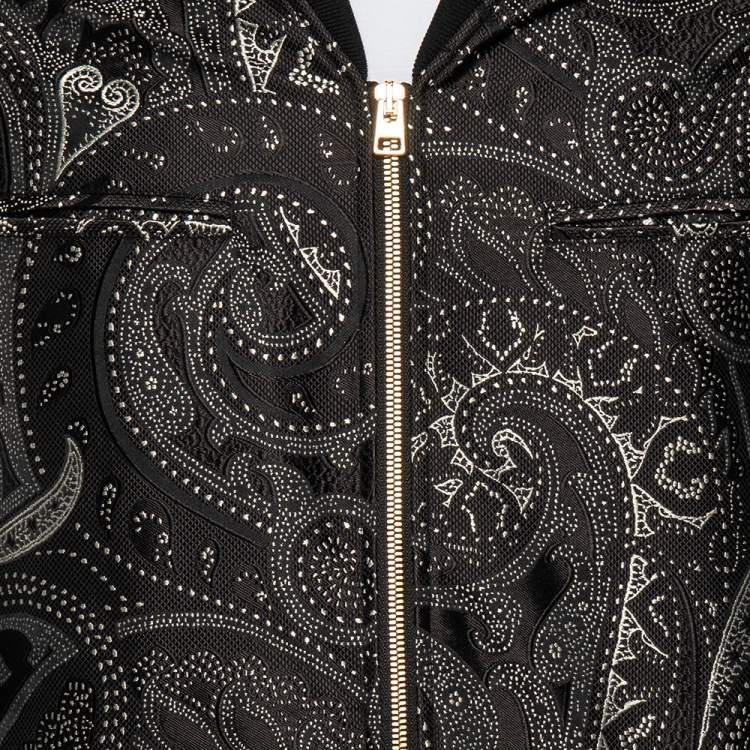 Pre Owned Etro Black Paisley Printed Silk Rib Knit Trimmed Bomber Jacket S