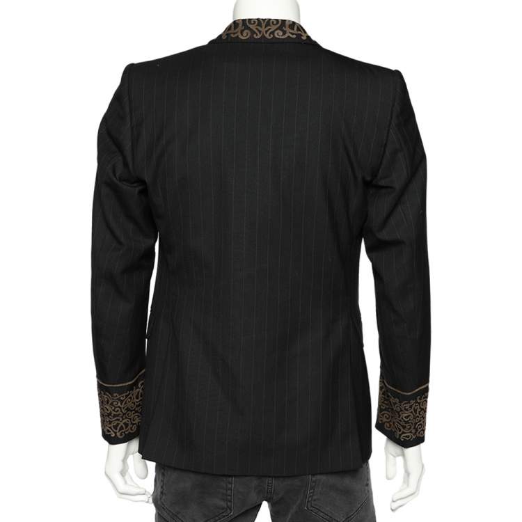Pre Owned Etro Black Striped Wool Leather Trim Blazer M