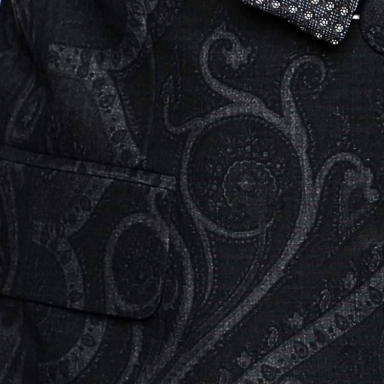 Pre Owned Etro Navy Blue Printed Wool Brocade Trim Blazer S