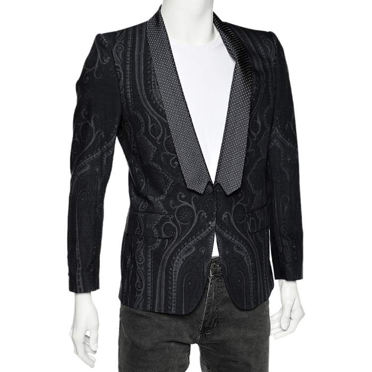 Pre Owned Etro Navy Blue Printed Wool Brocade Trim Blazer S