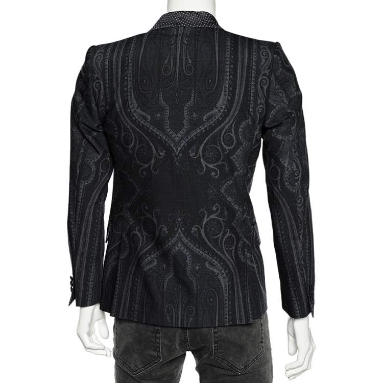 Pre Owned Etro Navy Blue Printed Wool Brocade Trim Blazer S