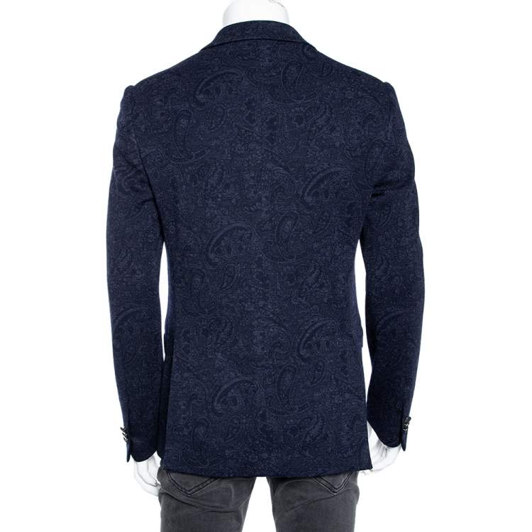 Pre Owned Etro Navy Blue Paisley Jacquard Wool New Jersey Blazer M