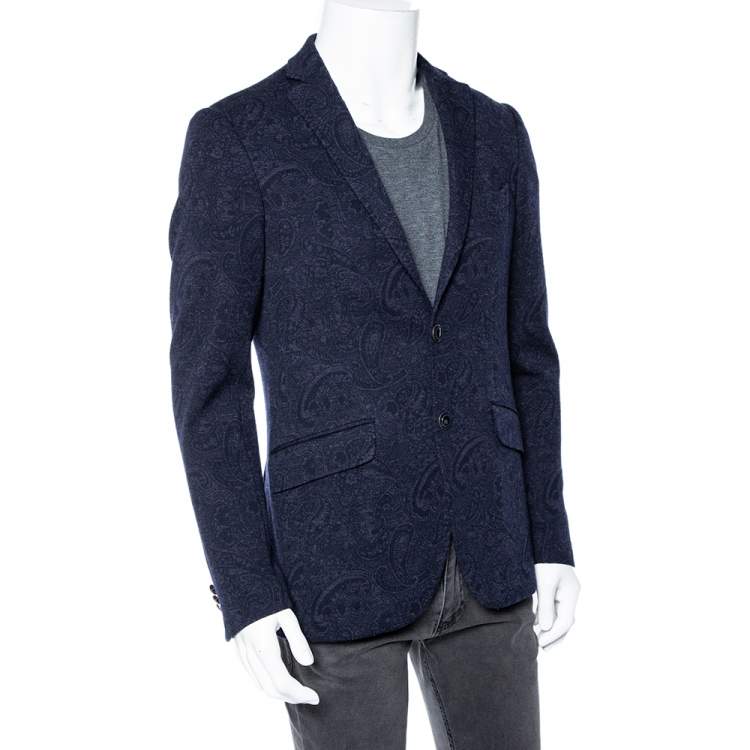 Pre Owned Etro Navy Blue Paisley Jacquard Wool New Jersey Blazer M