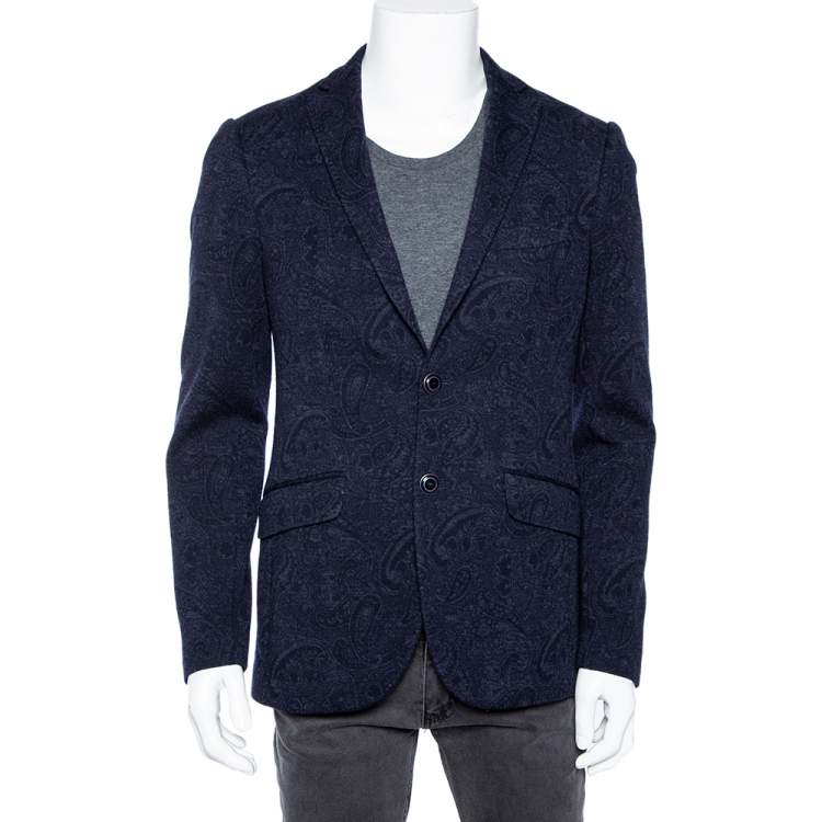Pre Owned Etro Navy Blue Paisley Jacquard Wool New Jersey Blazer M