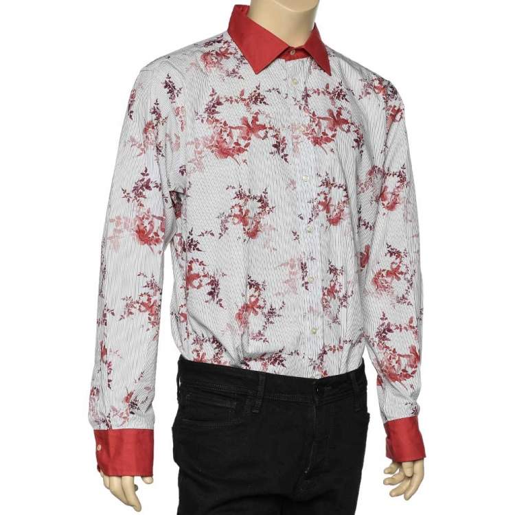 مملوكة مسبقًا Etro White Printed Contrast Trim Detail Cotton Button Front Shirt 4XL