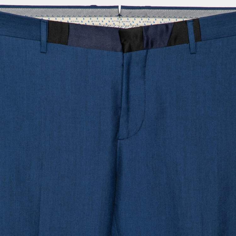 Pre Owned Etro Blue Textured Satin Trim Detailed Tapered Pants S