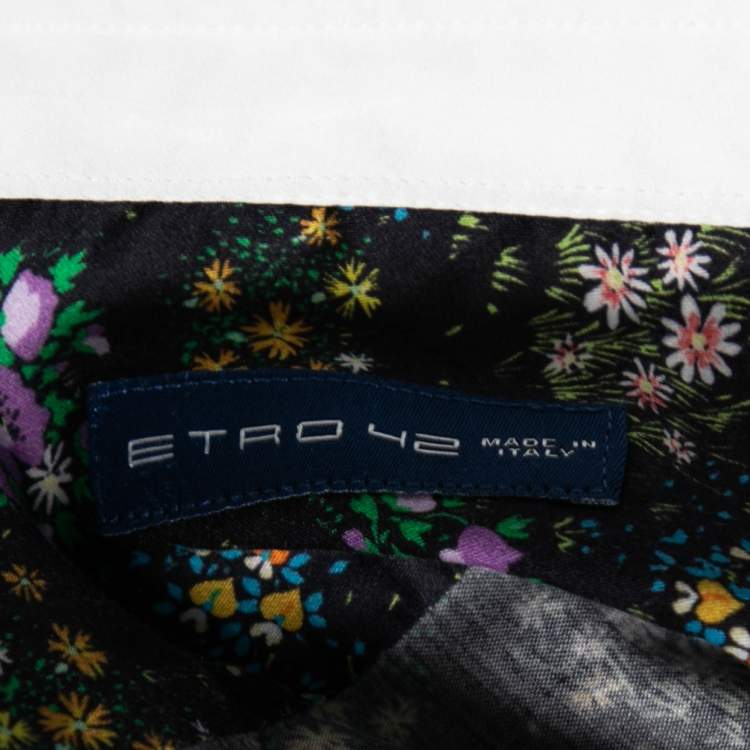 Pre Owned Etro Midnight Blue Floral Printed Cotton Contrast Collar & Cuff Detail Shirt M