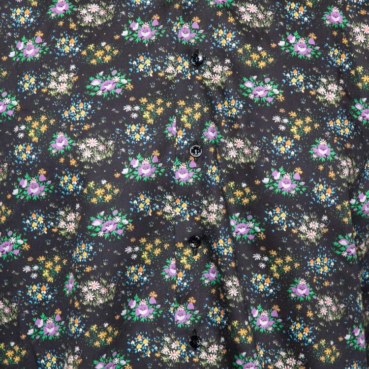Pre Owned Etro Midnight Blue Floral Printed Cotton Contrast Collar & Cuff Detail Shirt M